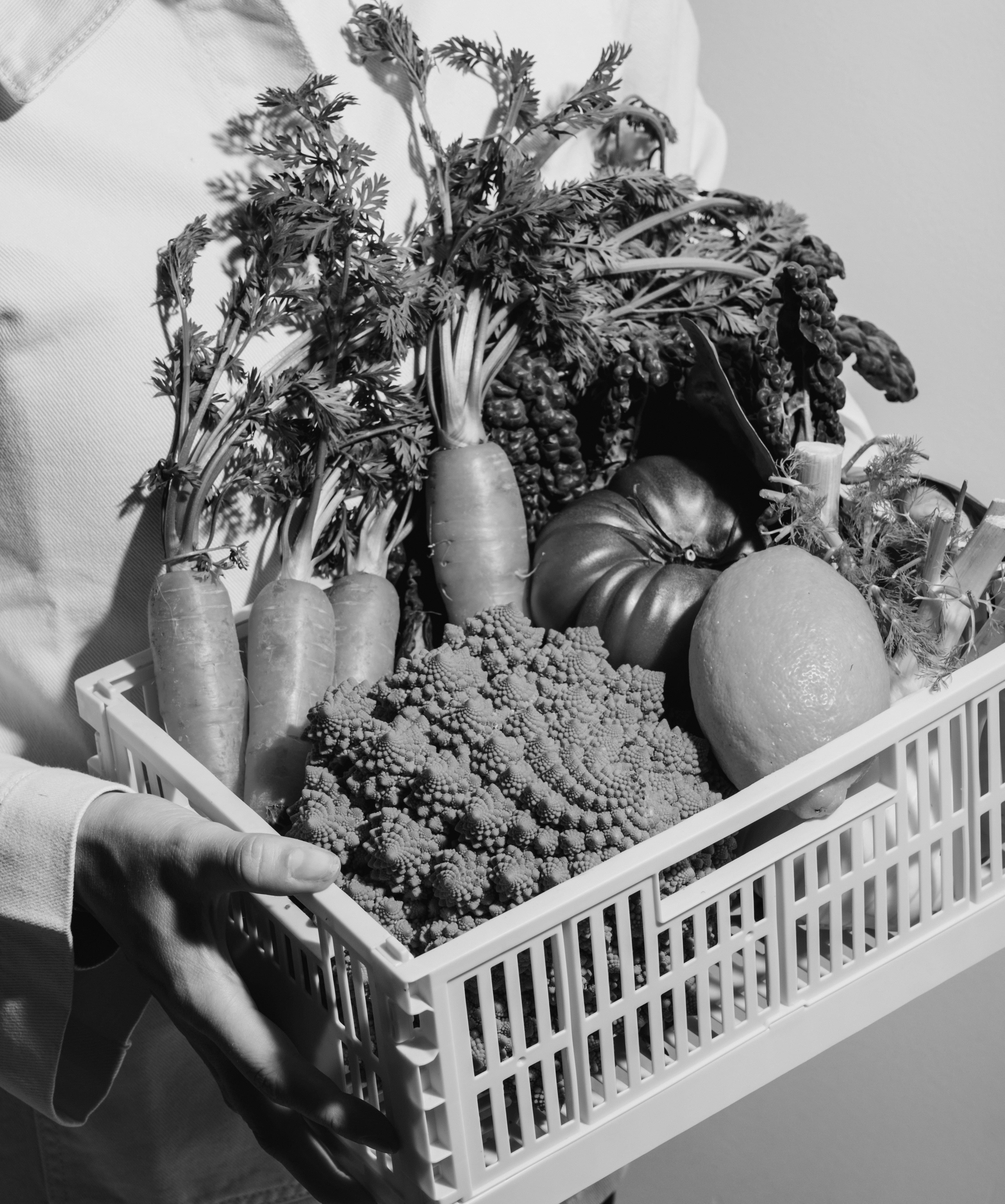 Hand carrying a white crate overflowing with seasonal produce—carrots, romanesco, heirloom tomato, lemon and curly kale—against a neutral background