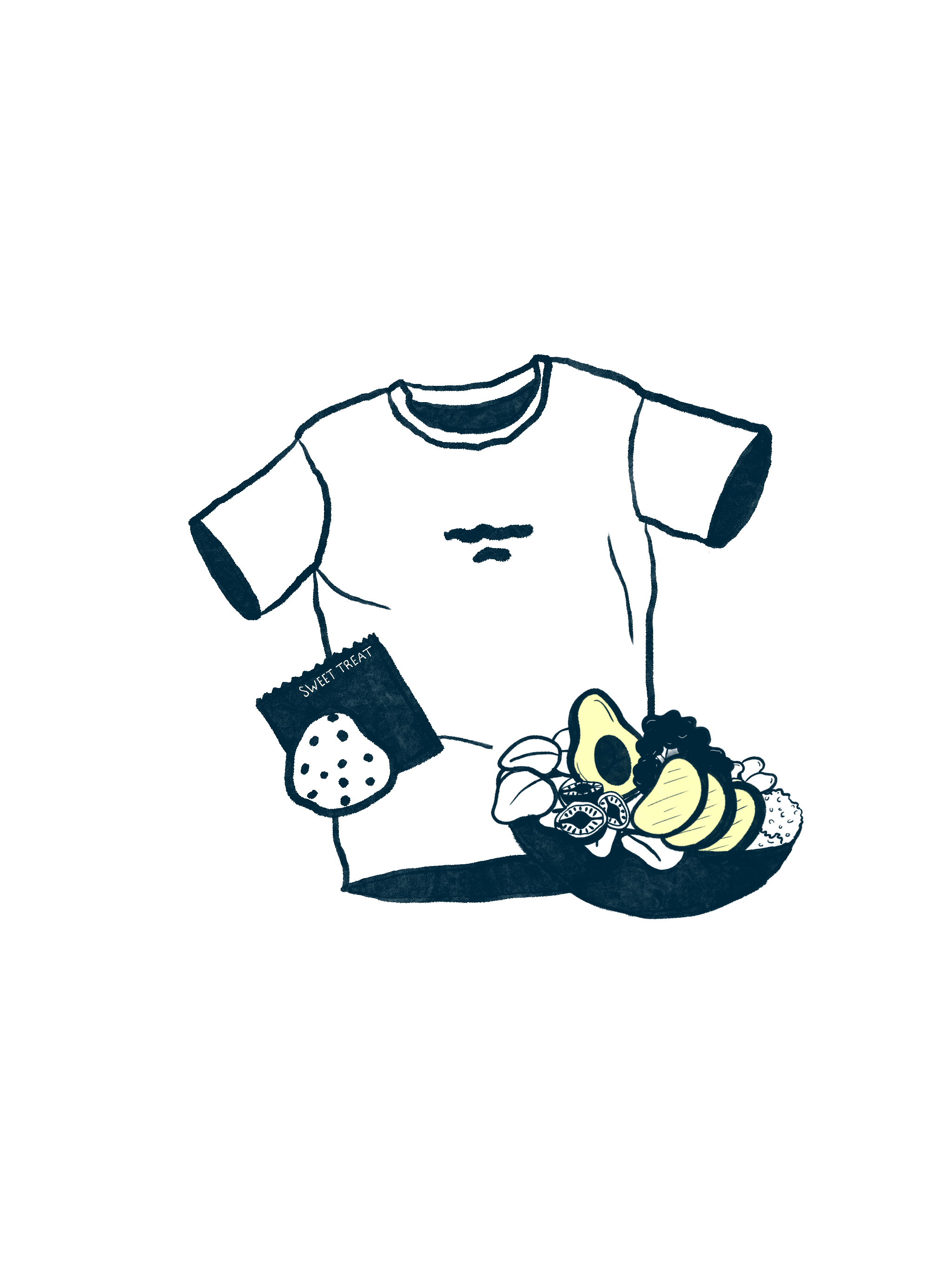 Illustration of t‑shirt alongside cookie and salad bowl icons, representing loyalty rewards