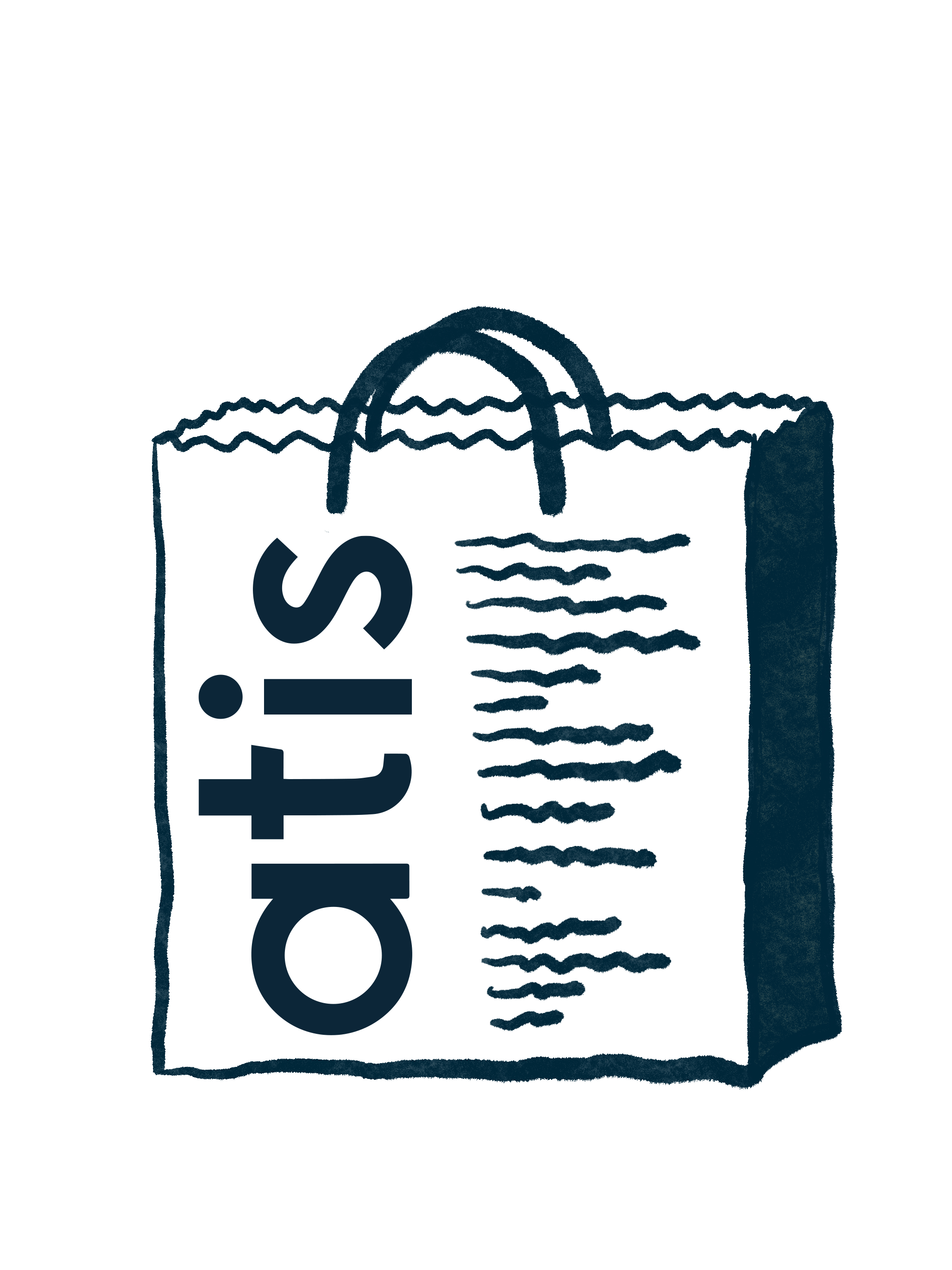 Line‑drawn shopping bag with atis logo and dotted pattern, representing loyalty point accrual