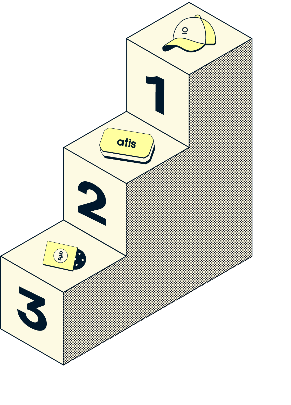 Illustration of three tiered levels showing atis insiders loyalty rewards including a branded cap, atis card and sticker on a podium